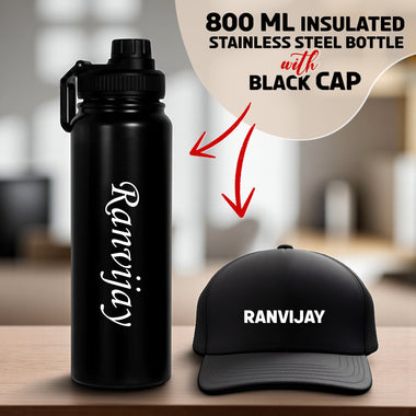 Customized 800 ML Stainless Steel Bottle & Black Cap – With Custom Name.