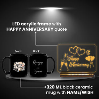 Personalized Happy Anniversary LED Night Lamp 4x6 inch & Customized Mug with Name – Acrylic Wooden Base Lamp