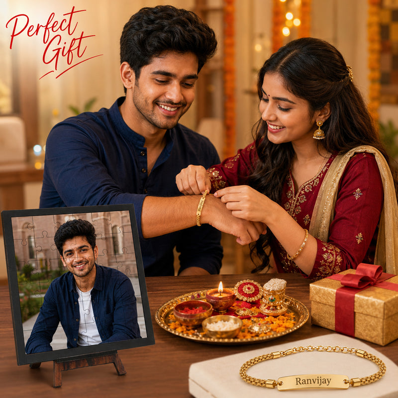 Customized Puzzle Photo Frame with Photo & Personalized Golden Chain Rakhi for Brother
