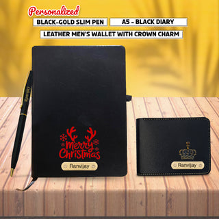 Christmas Combo for Men- Engraved Pen, Black A5 Diary, Leather Wallet