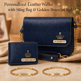 Raksha Bandhan Gift Hamper for Bhaiya & Bhabhi | Customized Men's Leather Wallet & Sling Bag with Name & Charm and Set of 2 Personalized Chain Rakhis with Name Engraved.