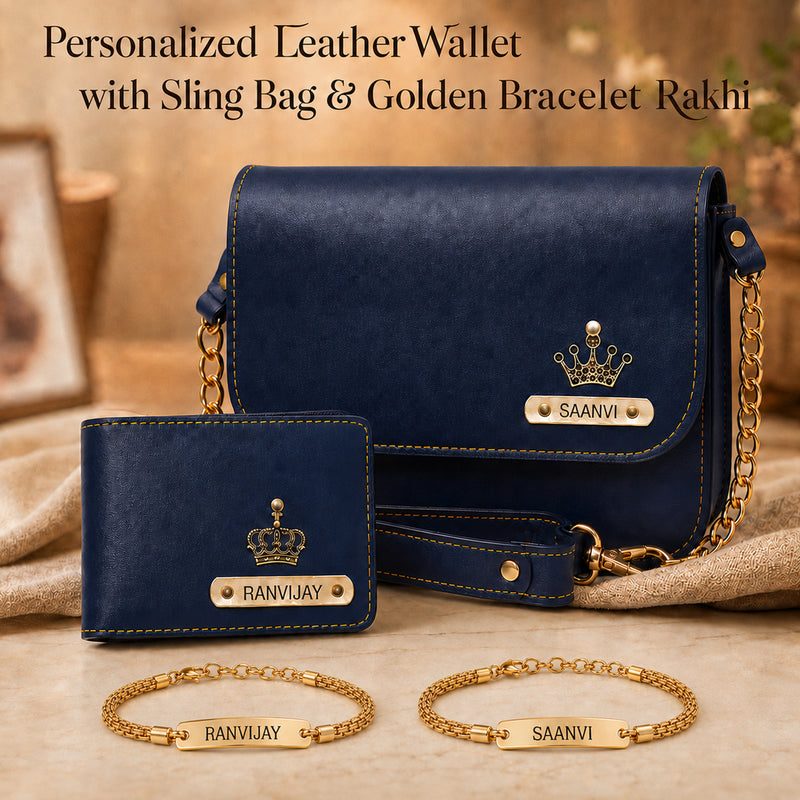 Raksha Bandhan Gift Hamper for Bhaiya & Bhabhi | Customized Men's Leather Wallet & Sling Bag with Name & Charm and Set of 2 Personalized Chain Rakhis with Name Engraved.