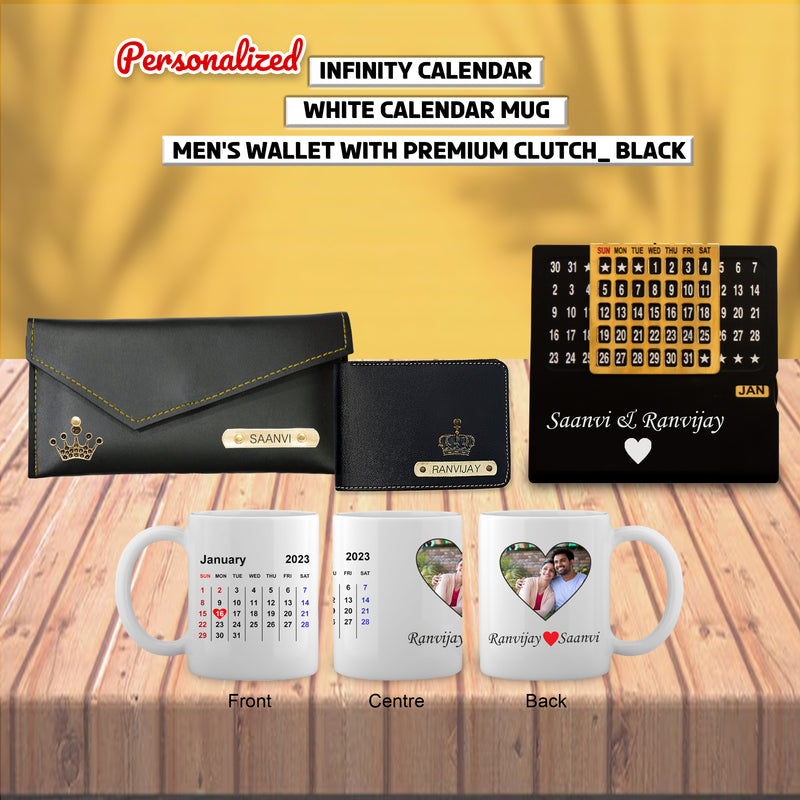 Valentine Combo – Personalized Wallet, Clutch, Mug & Infinity Calendar with Couple Name.