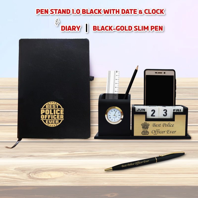 Police Combo - Pen & Diary with 'Best Police Officer Ever' Engraved, Pen Stand with Ashok Stambh Logo