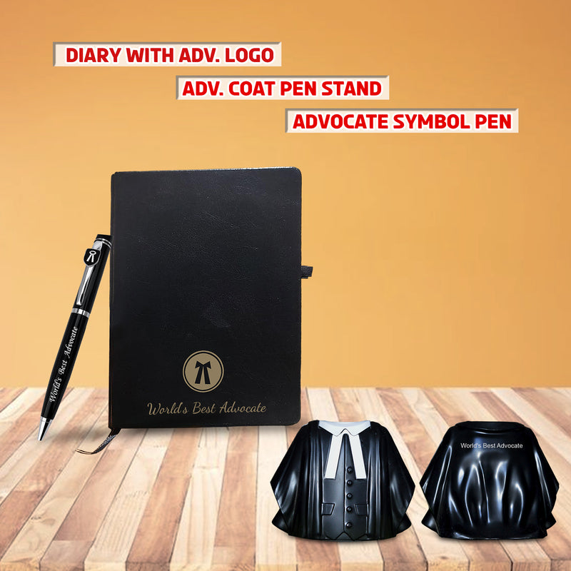 Advocate Desk Set: Pen Stand, Engraved Pen & A5 Diary with Advocate Logo.