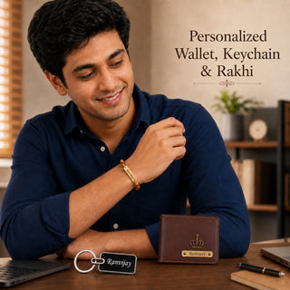 Customized Rakhi Gift for Brother | Personalized Men's Leather Wallet with Name & Charm,Personalized Metal Keychain & Rudraksha Rakhi with Name