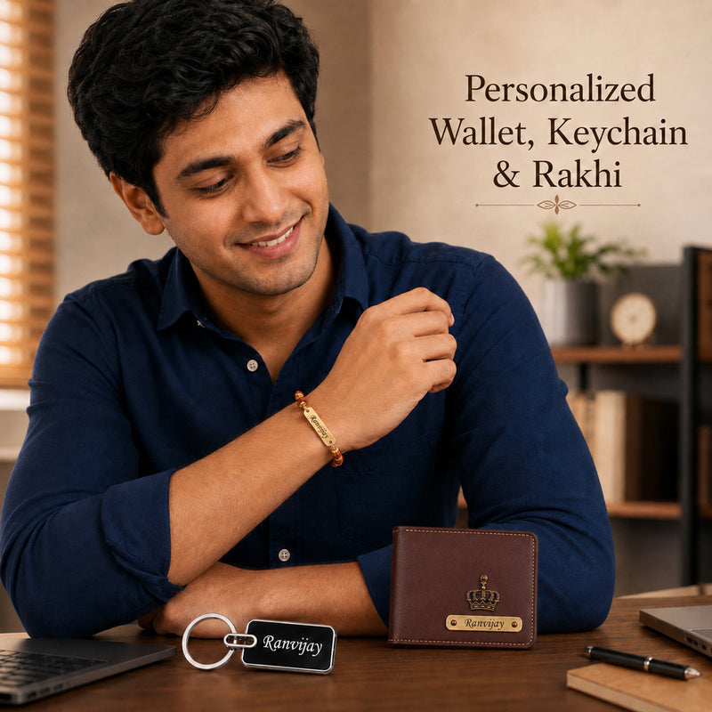 Customized Rakhi Gift for Brother | Personalized Men's Leather Wallet with Name & Charm,Personalized Metal Keychain & Rudraksha Rakhi with Name