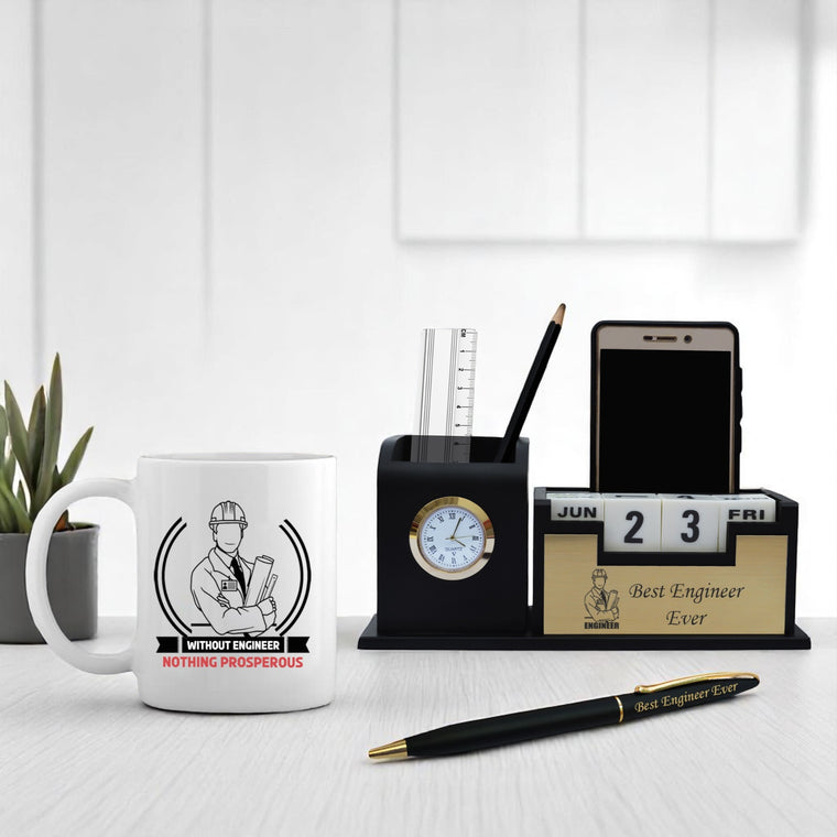 Gifts Engineer Combo Set – Engraved Pen Stand, Custom Pen & Engineer Theme Mug