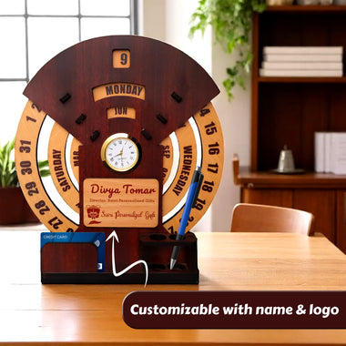 Customized Wooden Calendar With Desk Organizer & Clock.