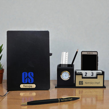 Customized CS Combo Set: Coat Pen Stand, Logo Pen & Engraved Diary.