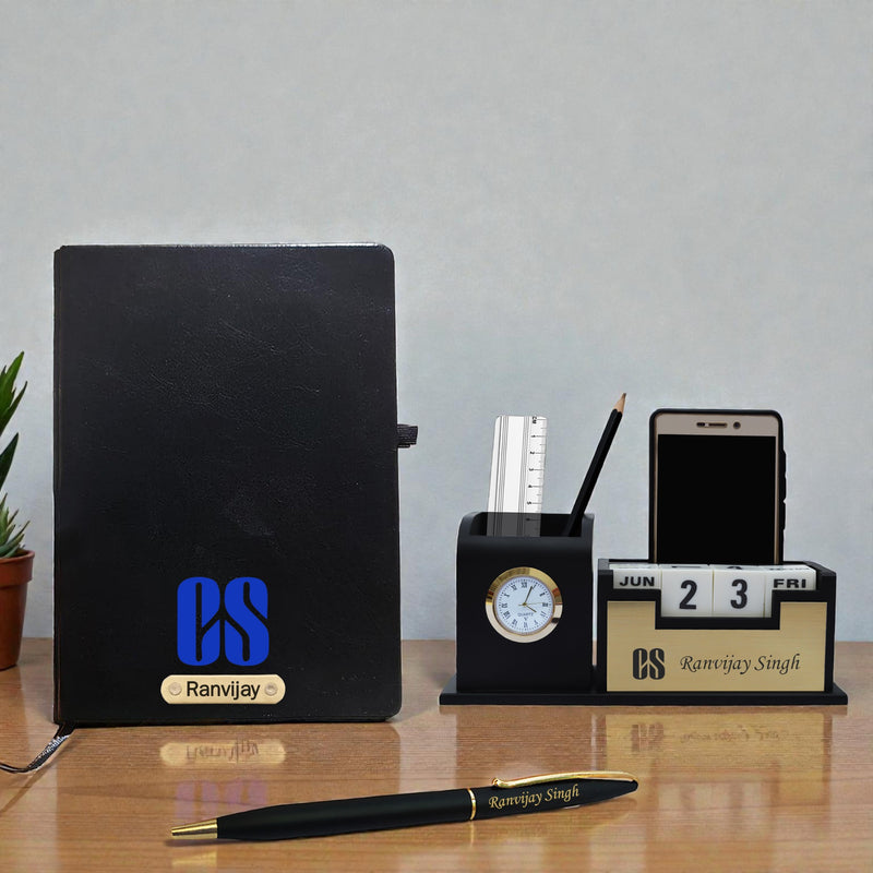 Customized CS Combo Set: Coat Pen Stand, Logo Pen & Engraved Diary.