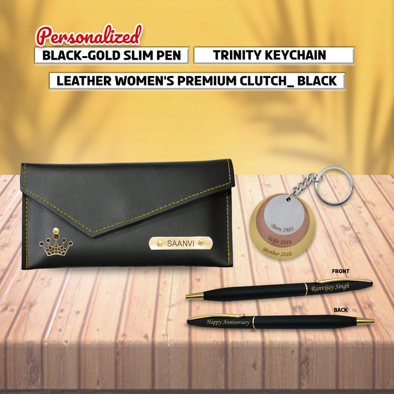 Personalized Anniversary Combo: Trinity Keychain, Engraved Pen & Personalized Clutch.