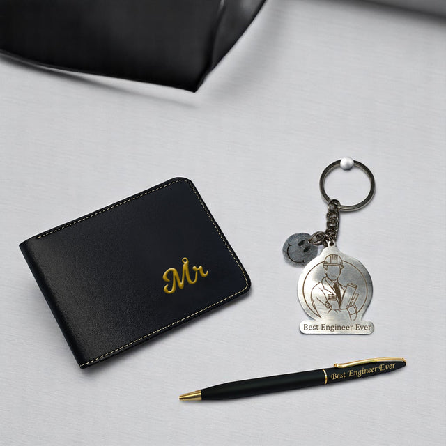 Gifts Engineer Combo (Male) – Engraved Pen, Keychain & Wallet with King Charm