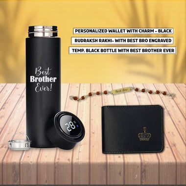 Rakhi Gift Combo: Black Bottle, Rudraksh Rakhi & Wallet
