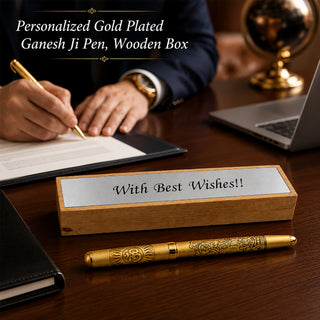 Customized Gold Plated Ganesh Ji Pen with Wooden Gift Case & Custom Message