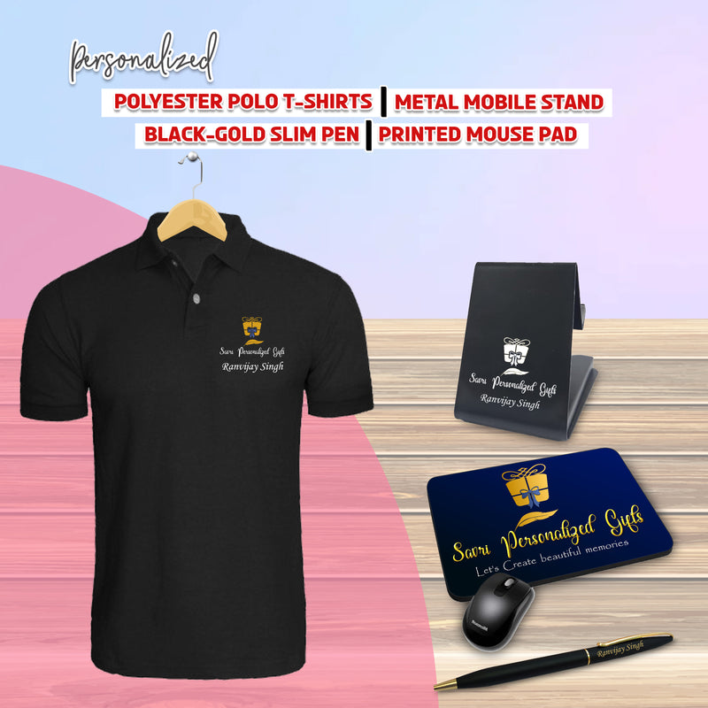 Executive Combo Set - Slim Pen, Metal Mobile Stand, Mouse Pad & Custom Polo T-Shirt.