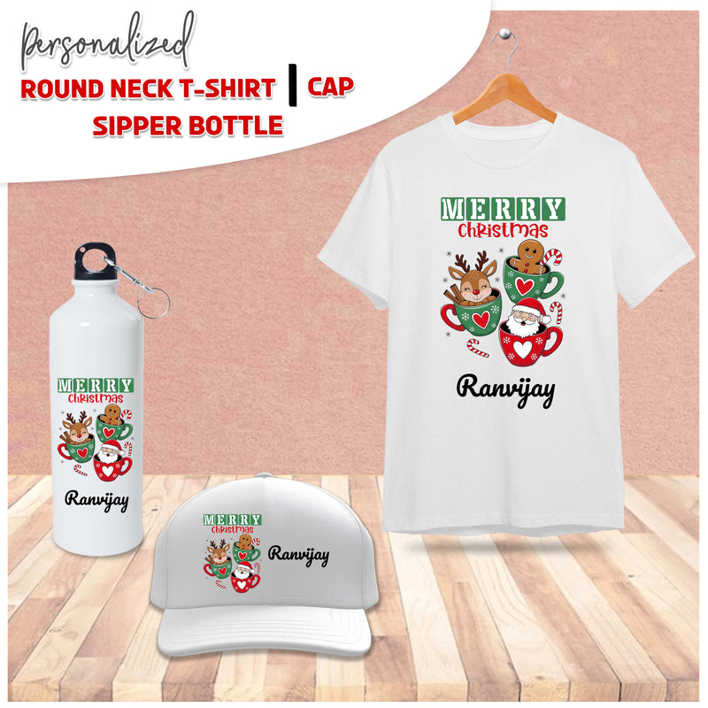 Personalized Christmas Set - T-Shirt, Cap & Bottle with Name & Design.