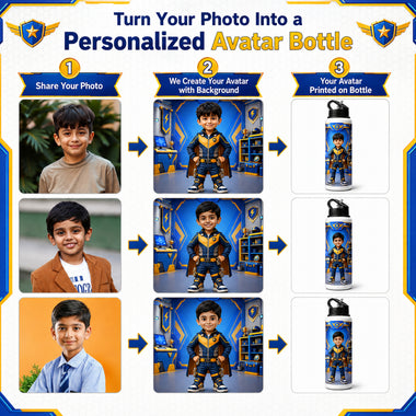 Personalized 750ml Water Bottle for Boys with Photo, Name & AI Avatar.