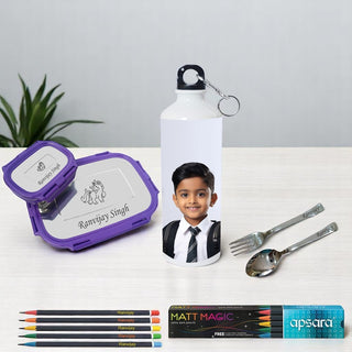 Personalized Kids School Kit – Engraved Lunch Box, Spoon Fork, Bottle & Pencils.