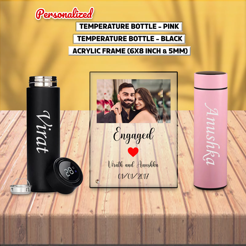 Engagement Combo – Custom Acrylic Frame & Engraved Pink & Black Bottle Set.