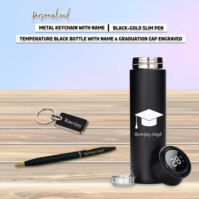 Graduation Gift Combo - Slim Pen, Engraved Keychain & Black Bottle