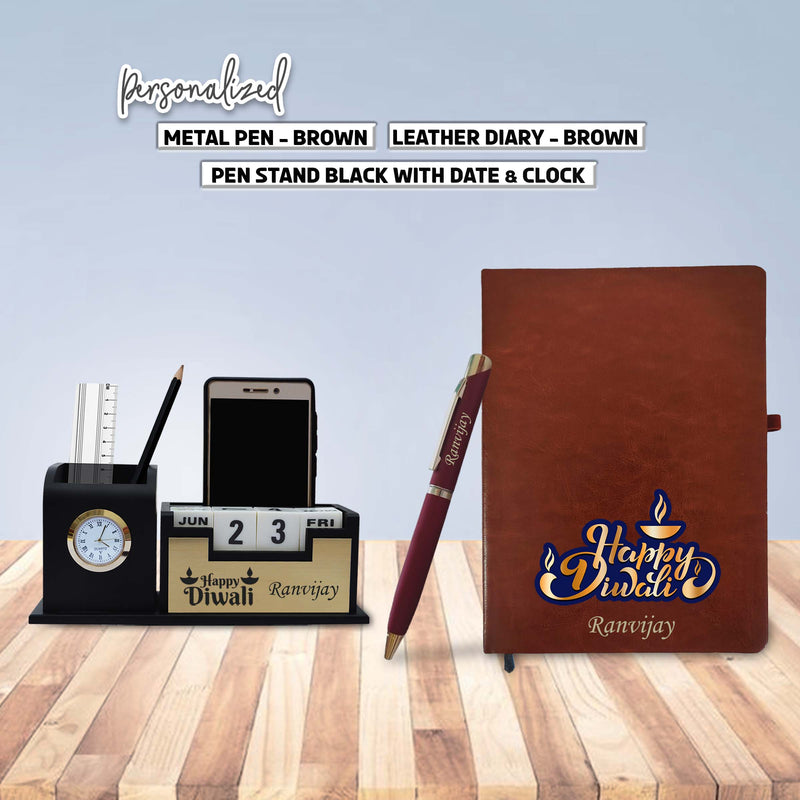 Diwali Gift Set – Pen, Diary, Pen Stand with Name & 'Happy Diwali' Quote.