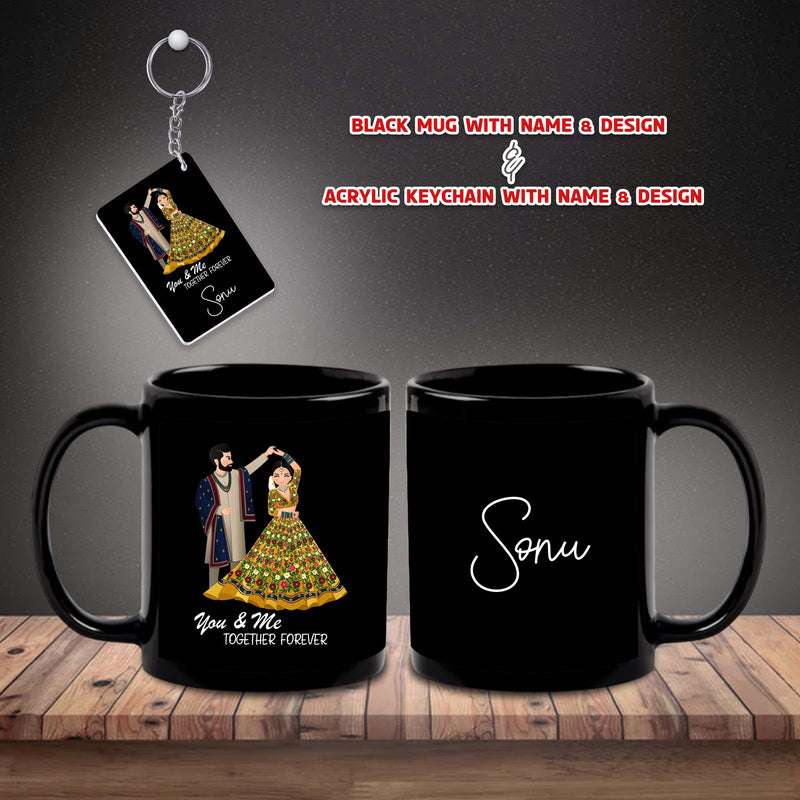 Black Mug & Keychain Set with Couple Caricature Design & Name –