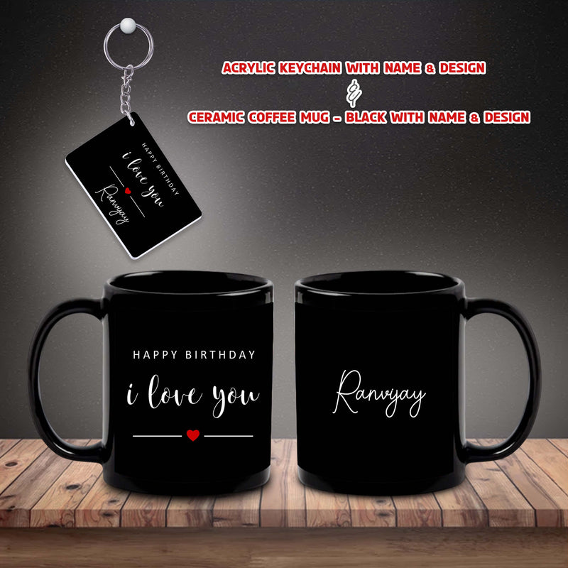 Birthday Gift Set– Black Ceramic Coffee Mug &  Acrylic Keychain with 'Happy Birthday' Quote & Name Printed.