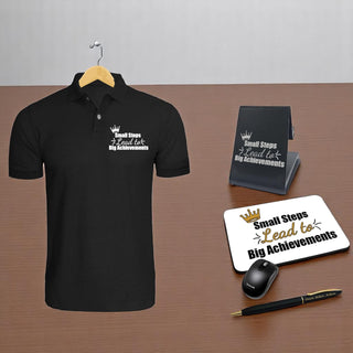 Corporate Gift Set-Pen, Mouse Pad, Mobile Stand, Black Polo T-Shirt with Quote Printed.