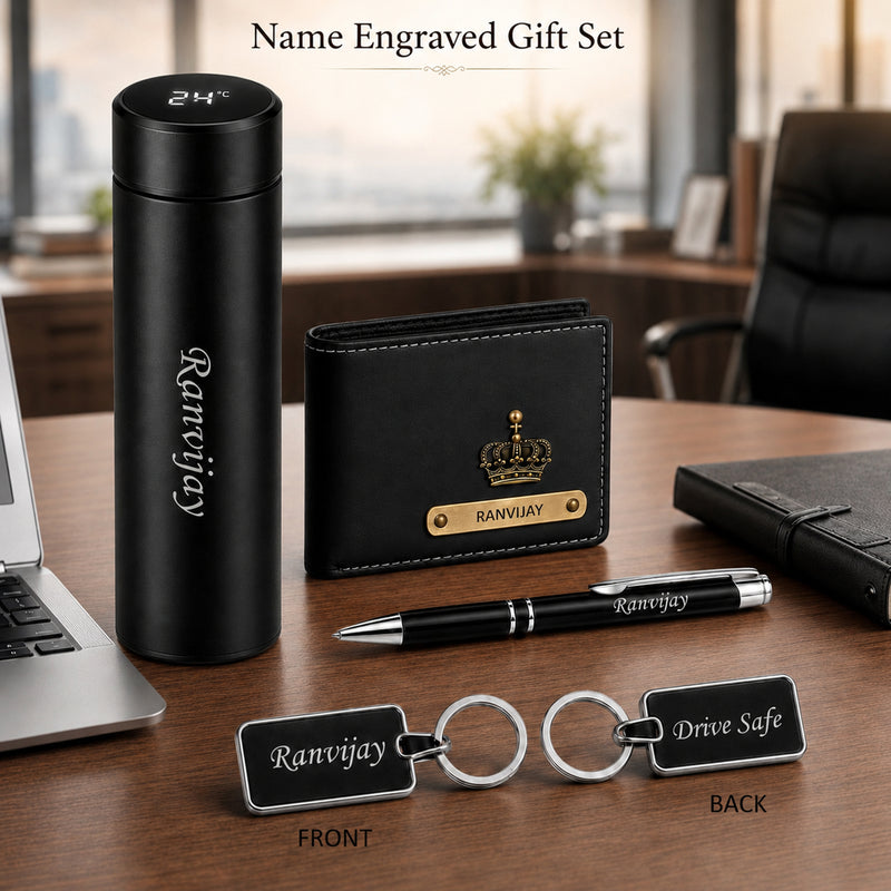 Customized Combo Set for Men (4 Pcs) –Customized Name Wallet, Stainless Steel Bottle, Pen & Keychain.