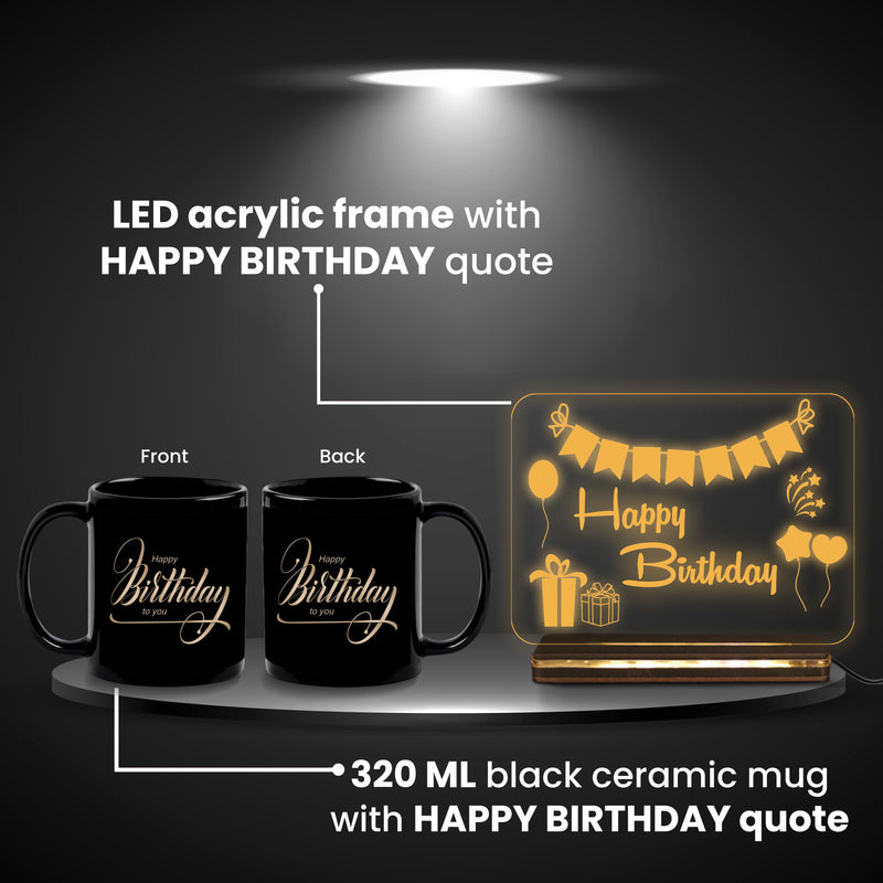 Happy Birthday LED Acrylic Night Lamp with Wooden Base & Ceramic Birthday Mug Combo