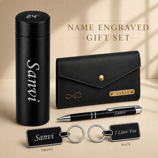 Customized Gifts Combo Set for Women(4 Pcs) –Customized Name Clutch, Stainless Steel Bottle, Pen & Keychain | Premium Gift Hamper