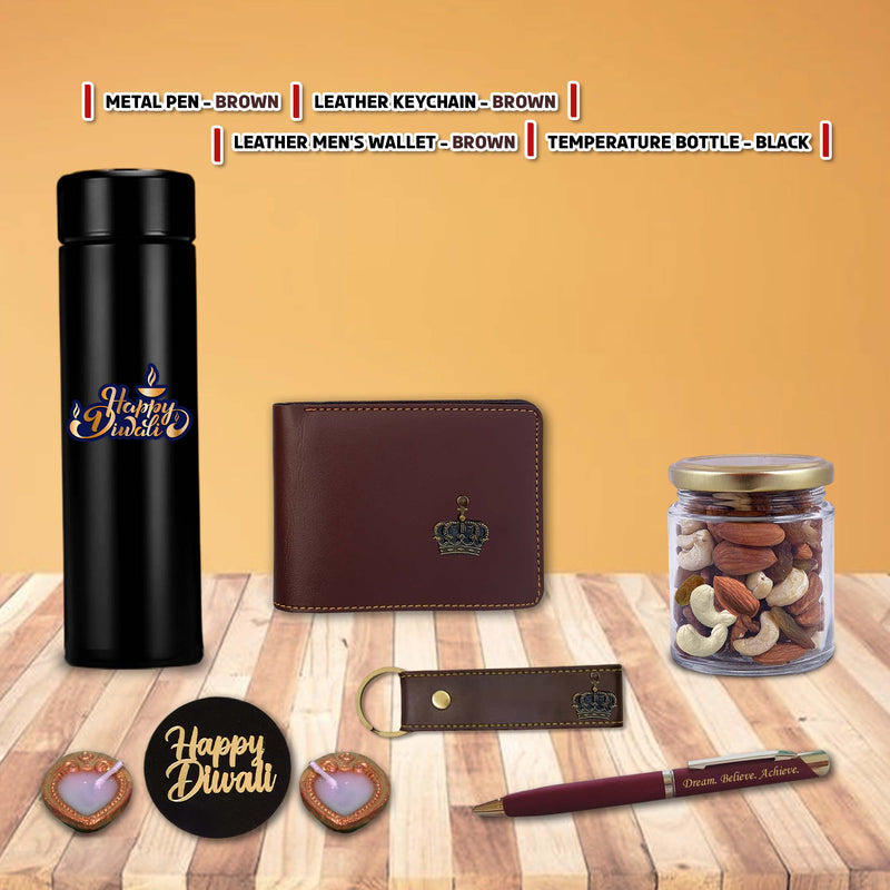 Diwali Gift Set – Men's Leather Wallet, King Charm, Keychain, Pen & 'Happy Diwali' Bottle.