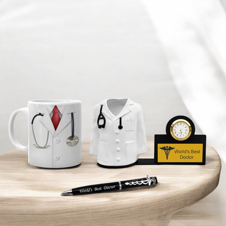 Docto's set of Pen, Pen Stand with Watch, and Coffee Mug