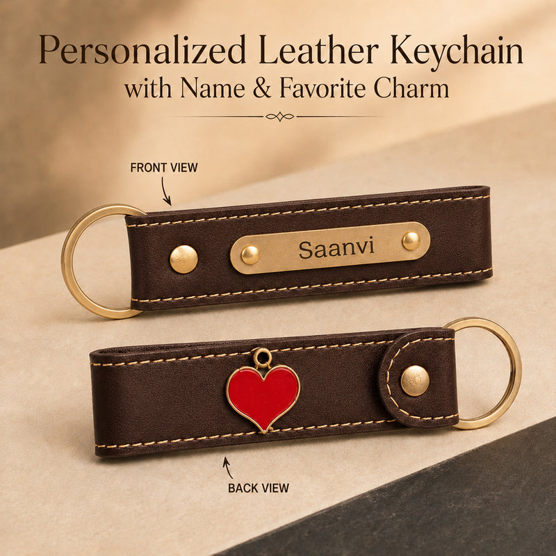 Customized Leather Keychain with Name & Charm | Personalized Keychain with Hook for Bike, Car & Home Keys