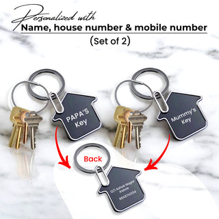 Customized Metal Family House Shape Keychain with Custom Name, House & Mobile Number ( Set of 3)