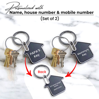 Customized Metal Family House Shape Keychain with Custom Name, House & Mobile Number ( Set of 3)