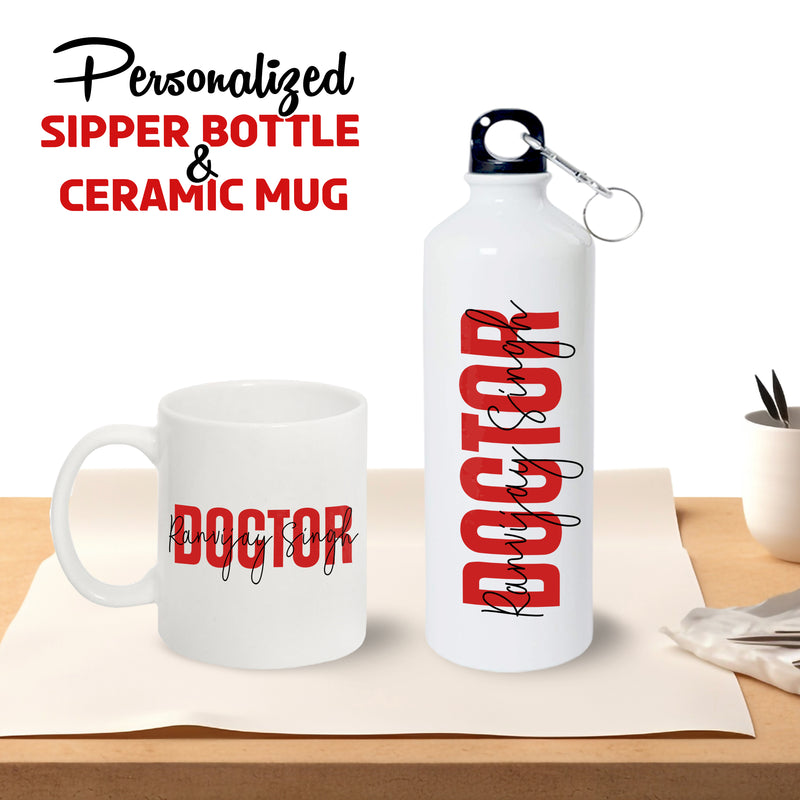 Doctor Gift Set –Custom Name Water Bottle & Ceramic Mug with Doctor Themed Design.