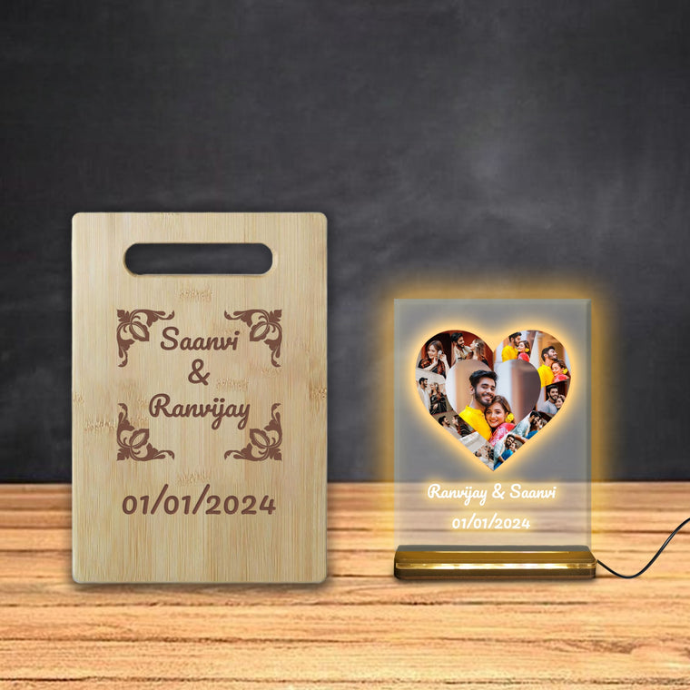 Engagement Gift Set – Heart-Shaped Acrylic Plaque with Custom Photo & Date, Wooden Quote Chopping Board