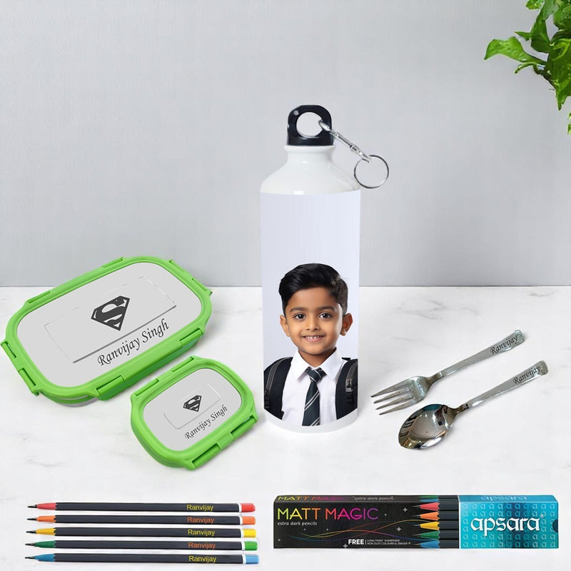 Personalized Kids School Kit – Engraved Lunch Box, Spoon Fork, Bottle & Pencils.