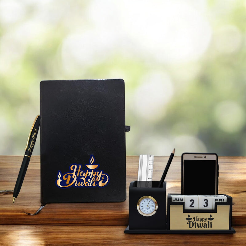 Deepawali Gift Combo - Black-Gold Pen, Pen Stand & Leather Diary