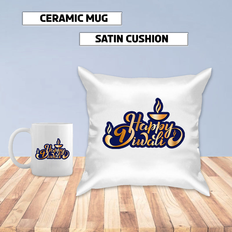 Diwali Gift Set - Ceramic Mug & Satin Cushion.