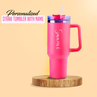 Personalized Stainless Steel Travel Tumbler with Lid, Straw & Name Engraving.