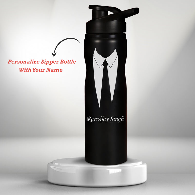 Water Bottle for Men With Name & Suit Design Engraved.