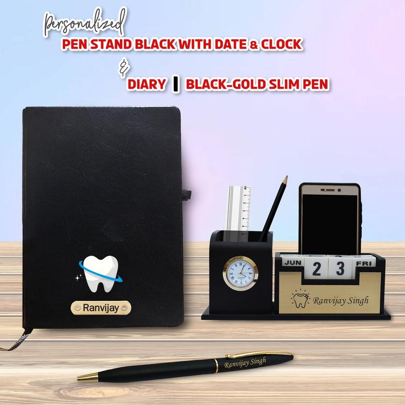 Customized Dentist Professional's Set- Black-Gold Slim Pen, Pen Stand 1.0 with Date & Clock (Dentist Logo), and A5 Black Diary