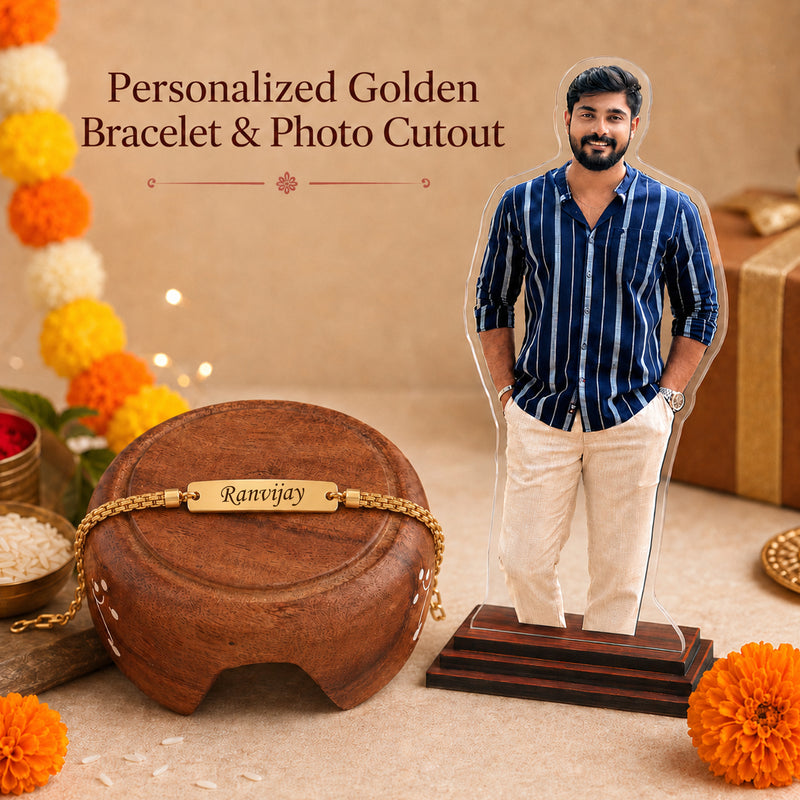 Customized Chain Rakhi with Name Engraving & Customized 6 x 8 Inch Acrylic Photo Cutout with Favourite Picture Printed