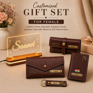 Customized Female Gift 5 Pcs Combo Set with Leather Combo 4 Set and a Led Acrylic Name Frame.