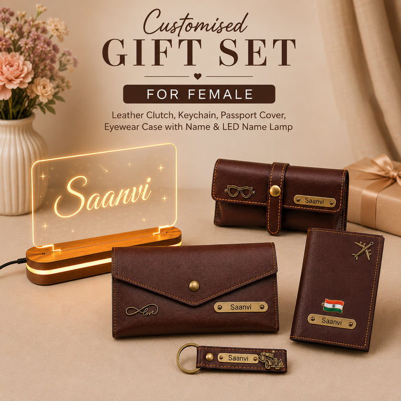 Customized Female Gift 5 Pcs Combo Set with Leather Combo 4 Set and a Led Acrylic Name Frame.