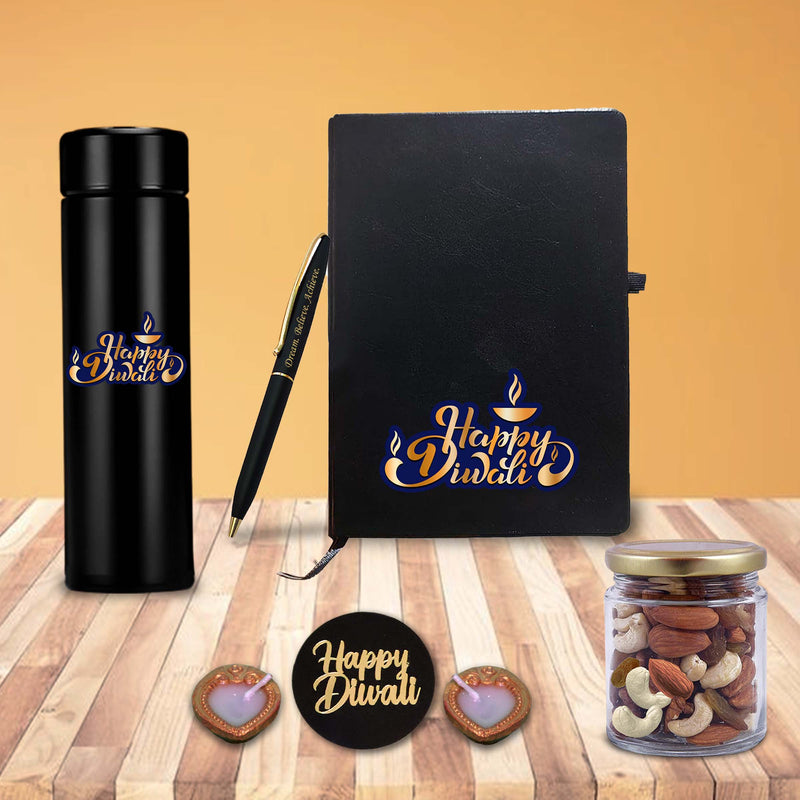 Diwali Gift Combo – Leather Diary, 'Happy Diwali' Bottle & Engraved Pen.