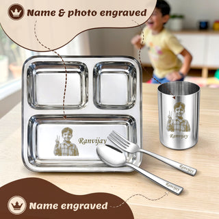 Personalized Kids Stainless Steel 3 Compartment Dinner Set – Custom Laser Photo & Name Engraved.